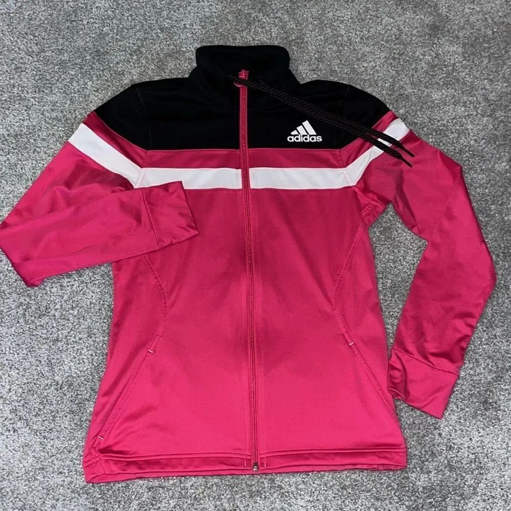 Adidas Pink Black White full zipper women’s work out gym running marathon jacket